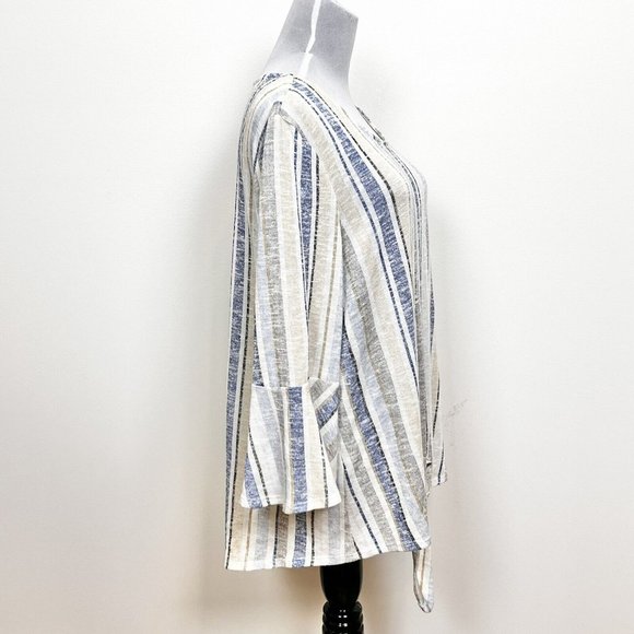 New Directions Striped Pull On Bell Sleeve with Front Tie Stretch Comfort Top XL - Picture 2 of 8